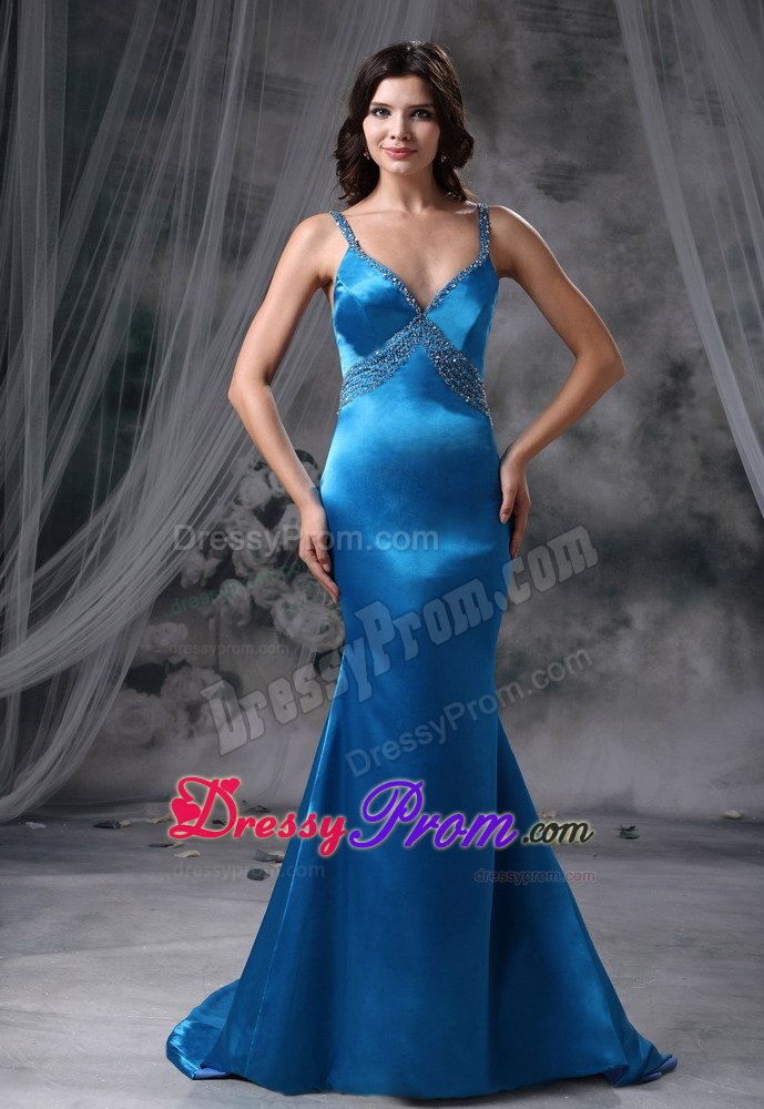 Mermaid Brush Train Beaded Prom Dress v-Neck with Criss Cross Back
