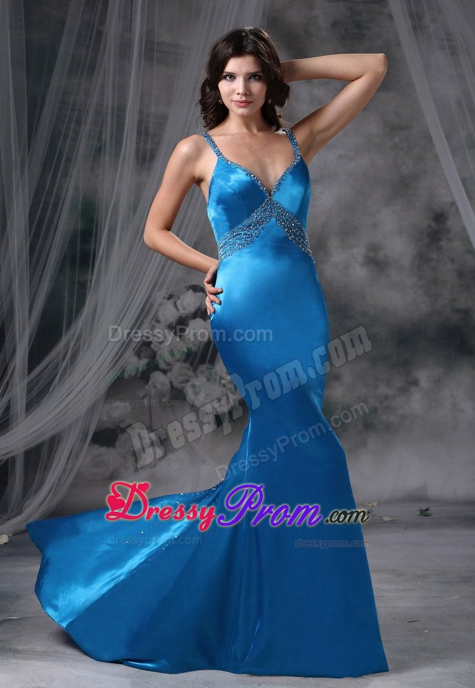 Mermaid Brush Train Beaded Prom Dress v-Neck with Criss Cross Back