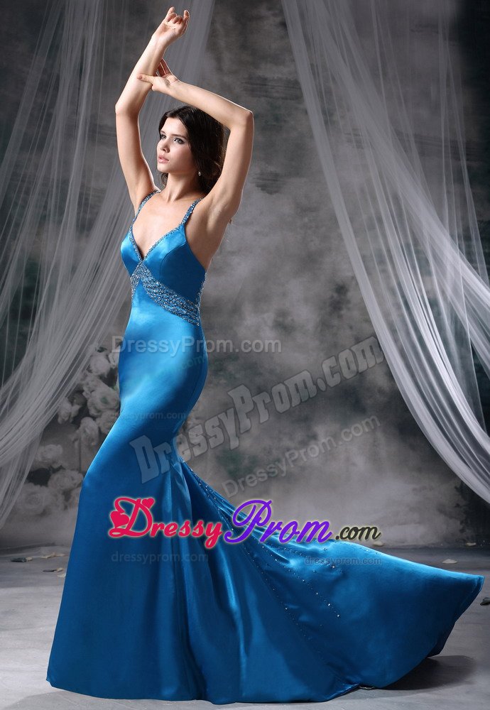 Mermaid Brush Train Beaded Prom Dress v-Neck with Criss Cross Back