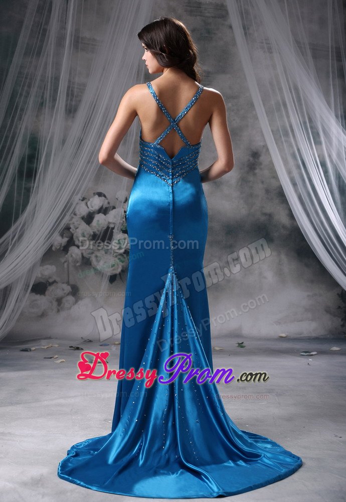 Mermaid Brush Train Beaded Prom Dress v-Neck with Criss Cross Back