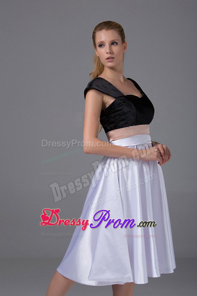 White and Black Knee-length 2013 Prom Dress with Cap Sleeves