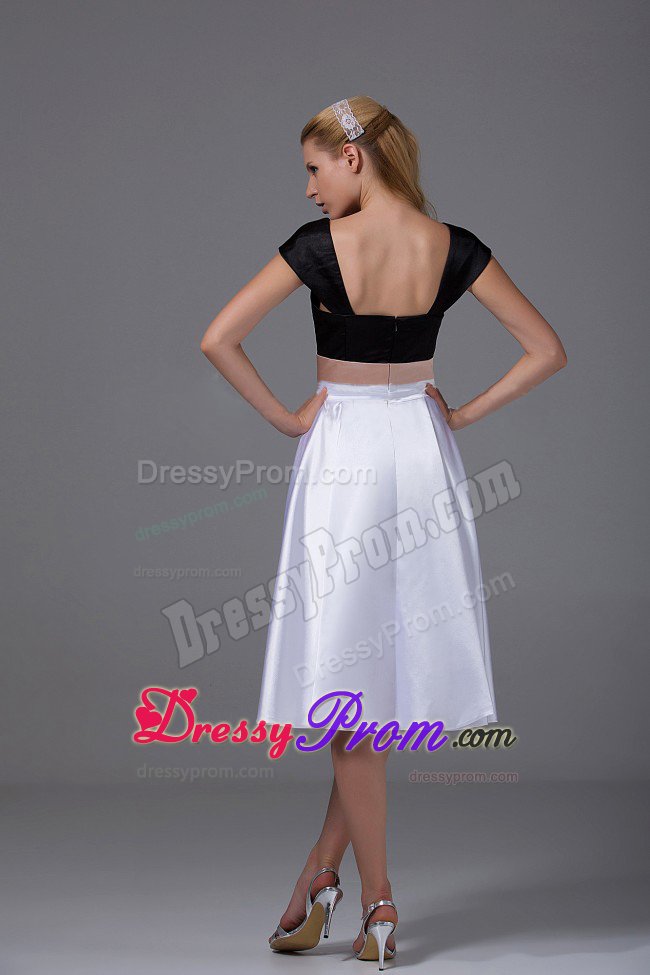 White and Black Knee-length 2013 Prom Dress with Cap Sleeves