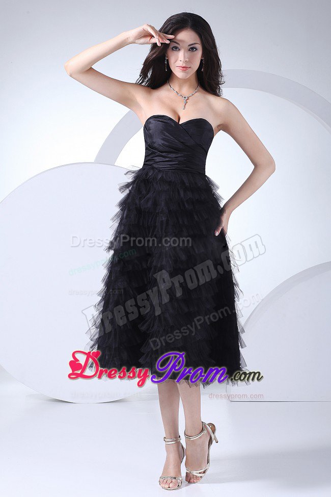 Sweetheart Ruffled Tea-length Prom Little Black Dresses