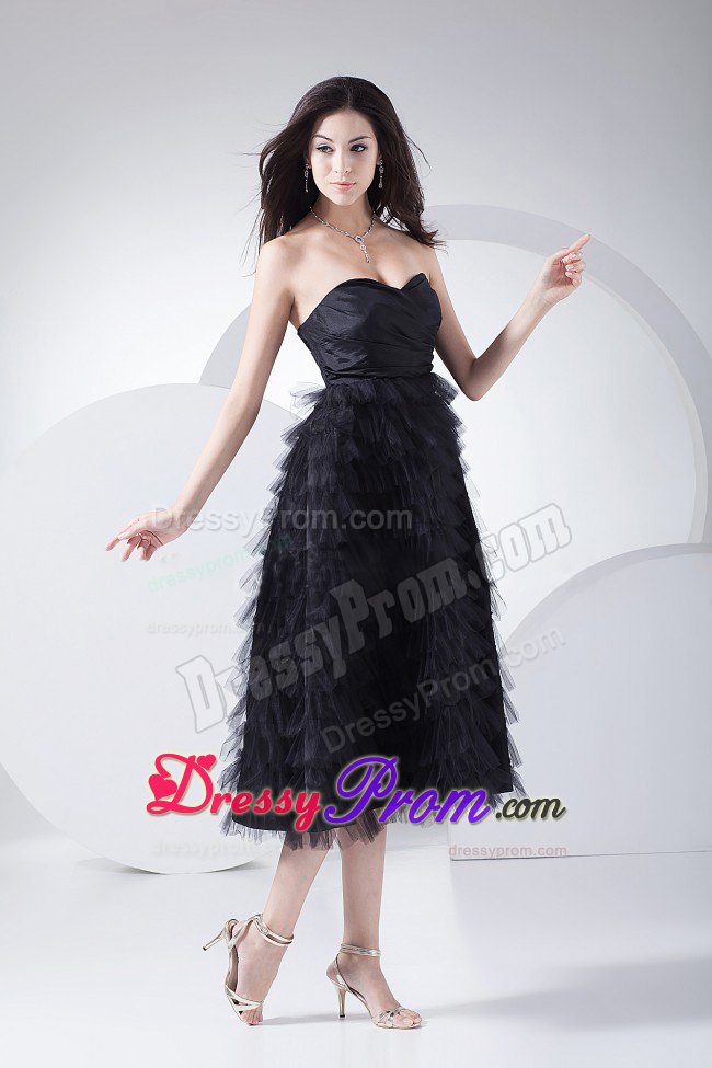 Sweetheart Ruffled Tea-length Prom Little Black Dresses