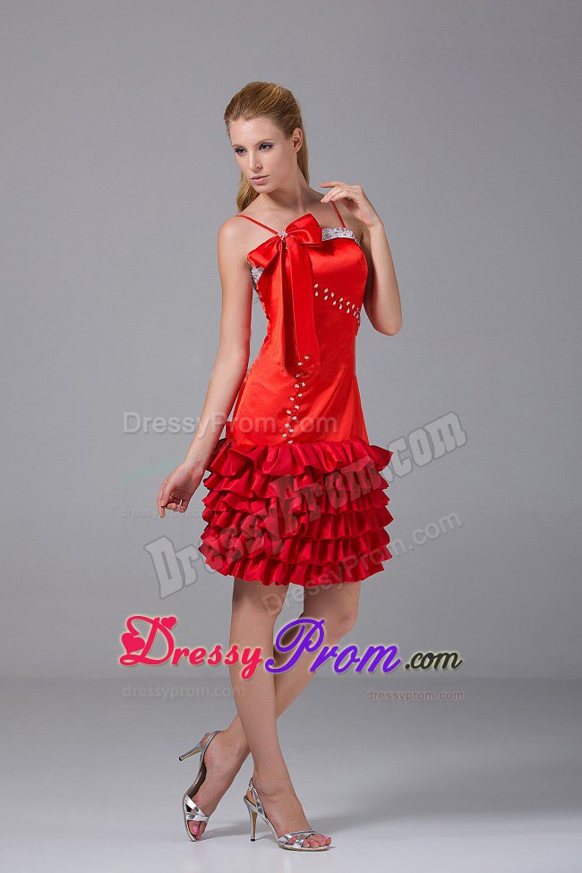 Beading Ruffled Red Spaghetti Straps Knee-length Montreal Prom Gowns