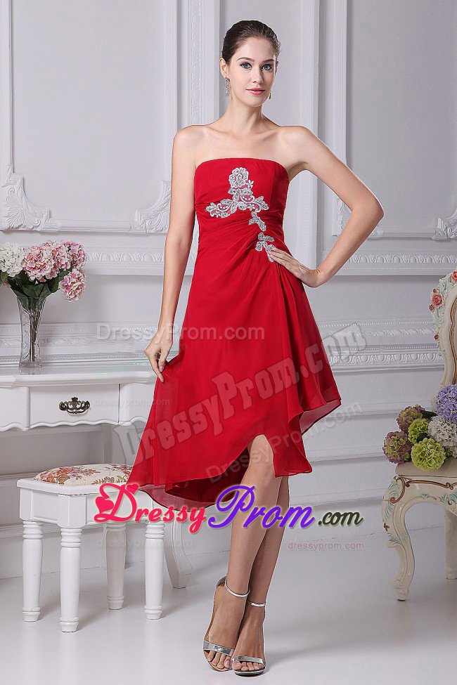 Strapless Asymmetrical Wine Red 2013 Prom Dress with Appliques