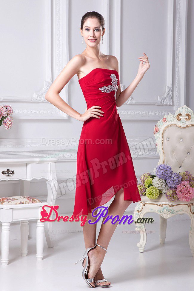 Strapless Asymmetrical Wine Red 2013 Prom Dress with Appliques