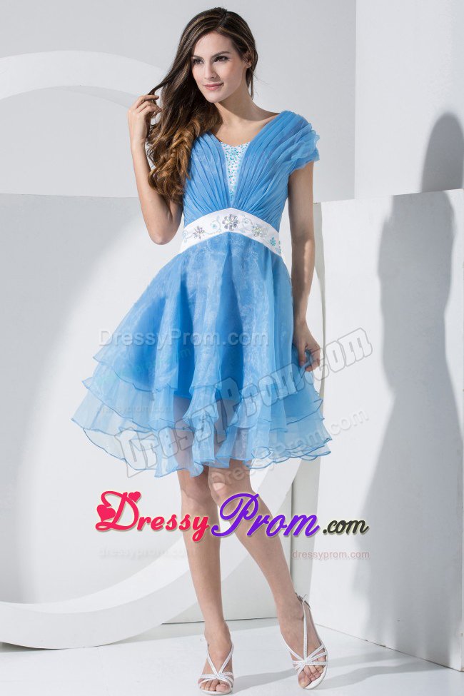 Baby Blue Short Sleeves V-neck Prom Dress With Embroidery and Ruching