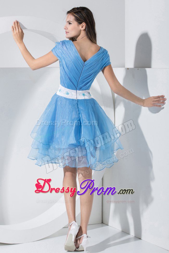 Baby Blue Short Sleeves V-neck Prom Dress With Embroidery and Ruching