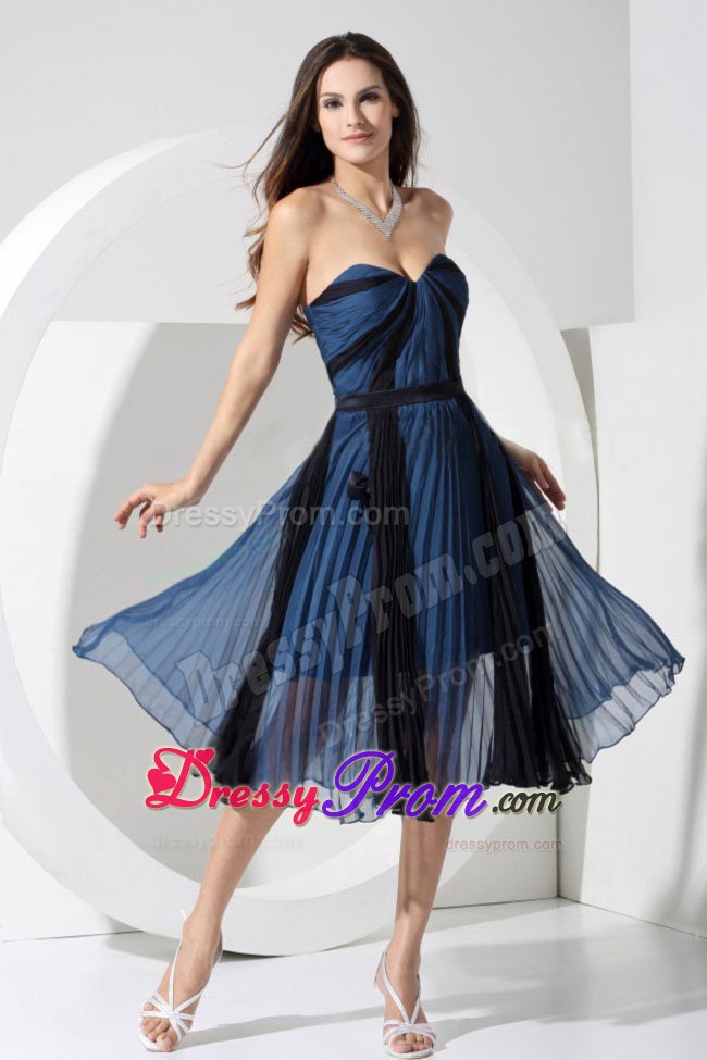 Blue and Black Sweetheart Tea-length Prom Dress Pleat Decorate