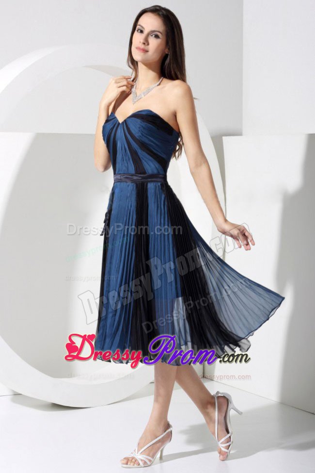 Blue and Black Sweetheart Tea-length Prom Dress Pleat Decorate