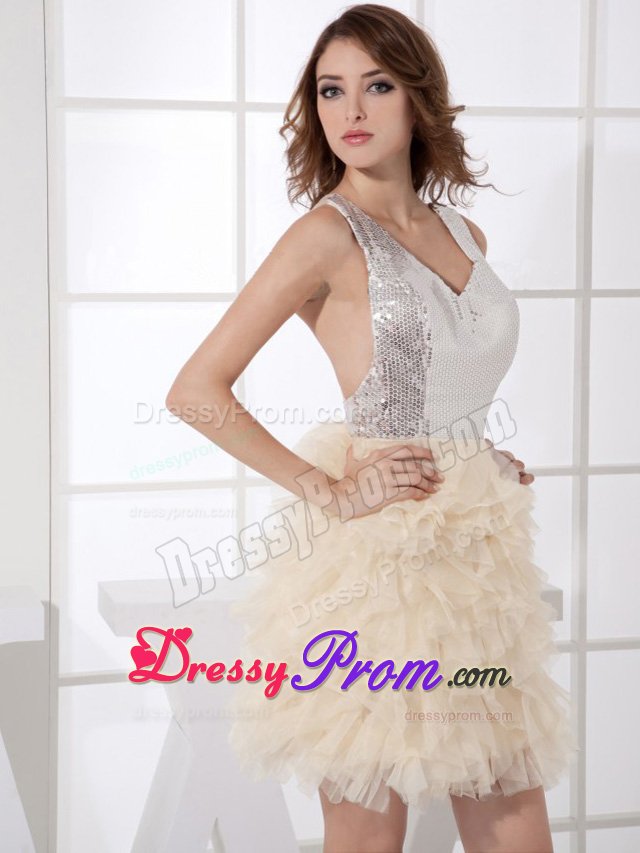 V-neck Silver Sequin and Champagne Tulle Ruffles Mini Prom Dress