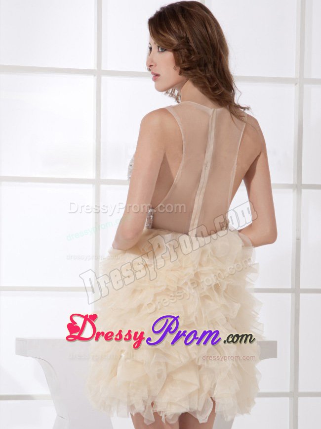 V-neck Silver Sequin and Champagne Tulle Ruffles Mini Prom Dress