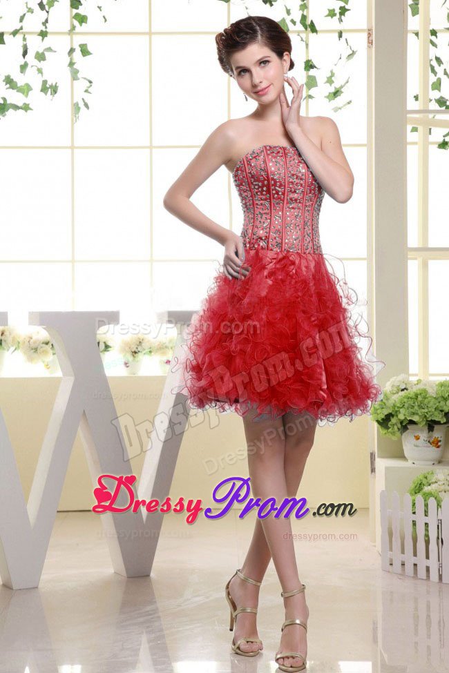 Impressive Red Ruffles Short Prom Party Dress Strapless Beading