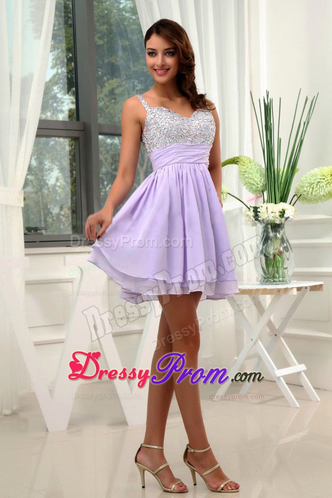Beading Straps and Bodice Lilac Mini Prom Dress Designed A-Line