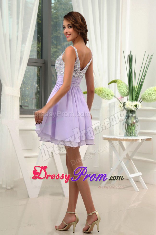 Beading Straps and Bodice Lilac Mini Prom Dress Designed A-Line