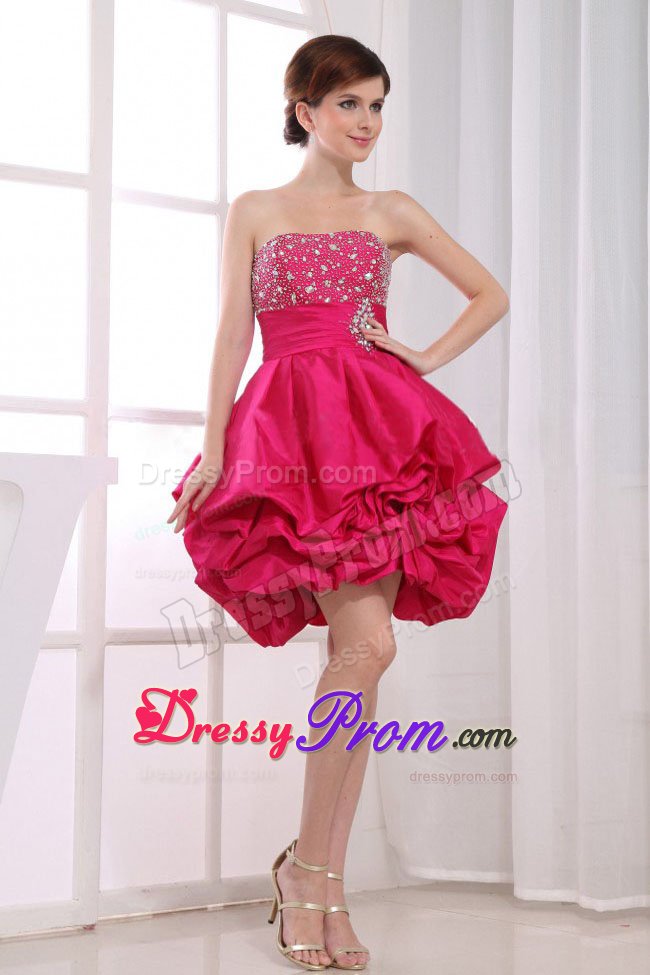 Beading Mini-length A-Line Strapless Ruffles Prom Dress in Hot Pink