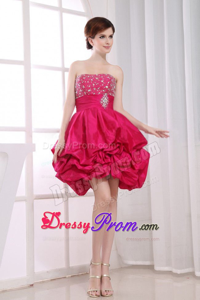 Beading Mini-length A-Line Strapless Ruffles Prom Dress in Hot Pink