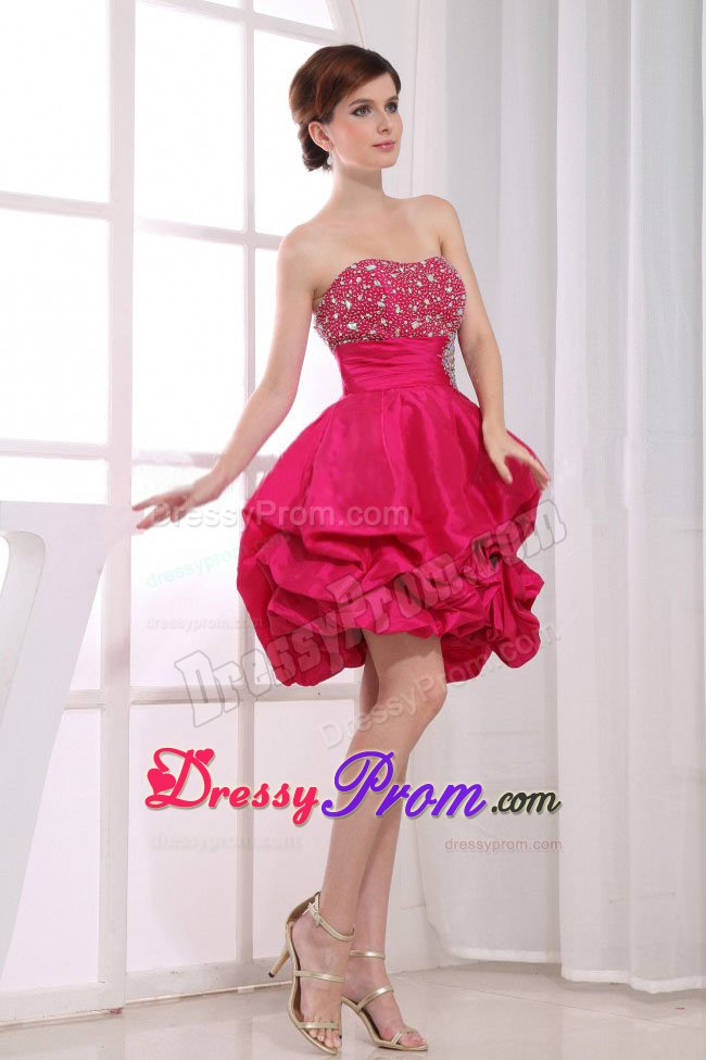 Beading Mini-length A-Line Strapless Ruffles Prom Dress in Hot Pink