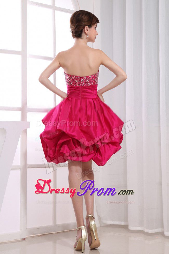 Beading Mini-length A-Line Strapless Ruffles Prom Dress in Hot Pink