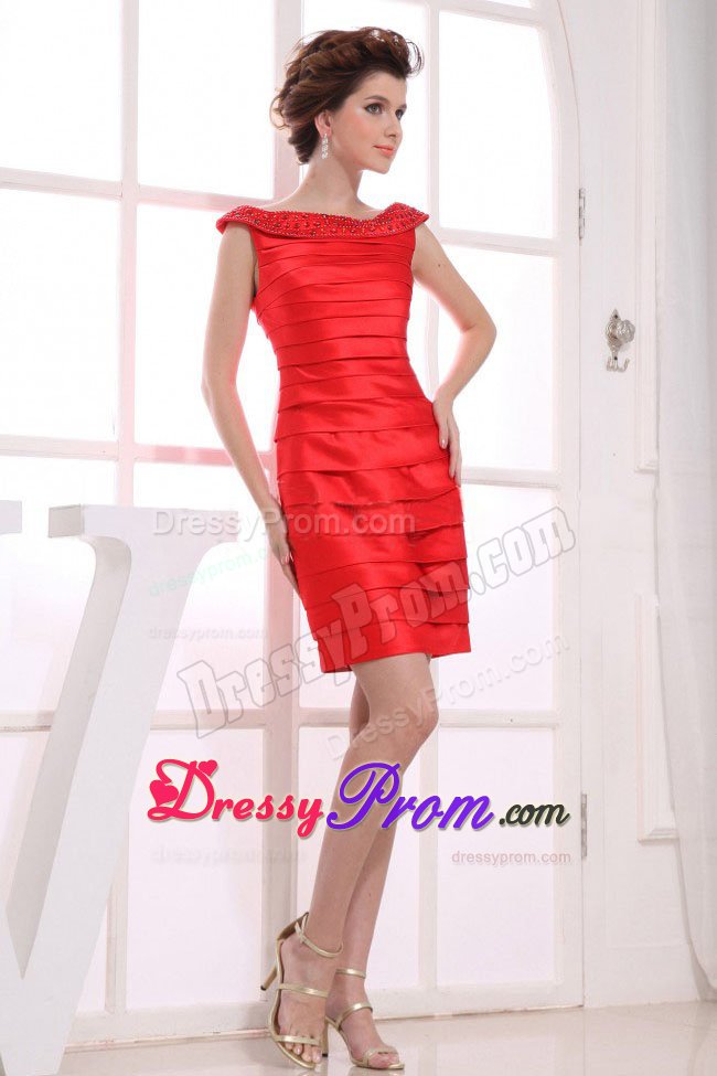 Off the Shoulder Mini Prom Dress in Red Designed in Clear Pleating