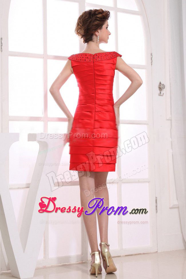 Off the Shoulder Mini Prom Dress in Red Designed in Clear Pleating