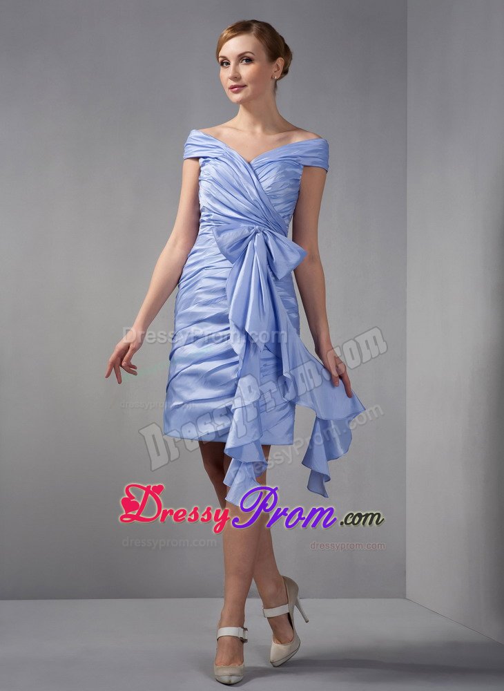 Lilac Column Off The Shoulder Mini-length Ruching Prom Gown Dress