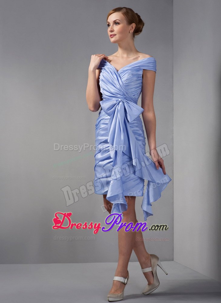 Lilac Column Off The Shoulder Mini-length Ruching Prom Gown Dress