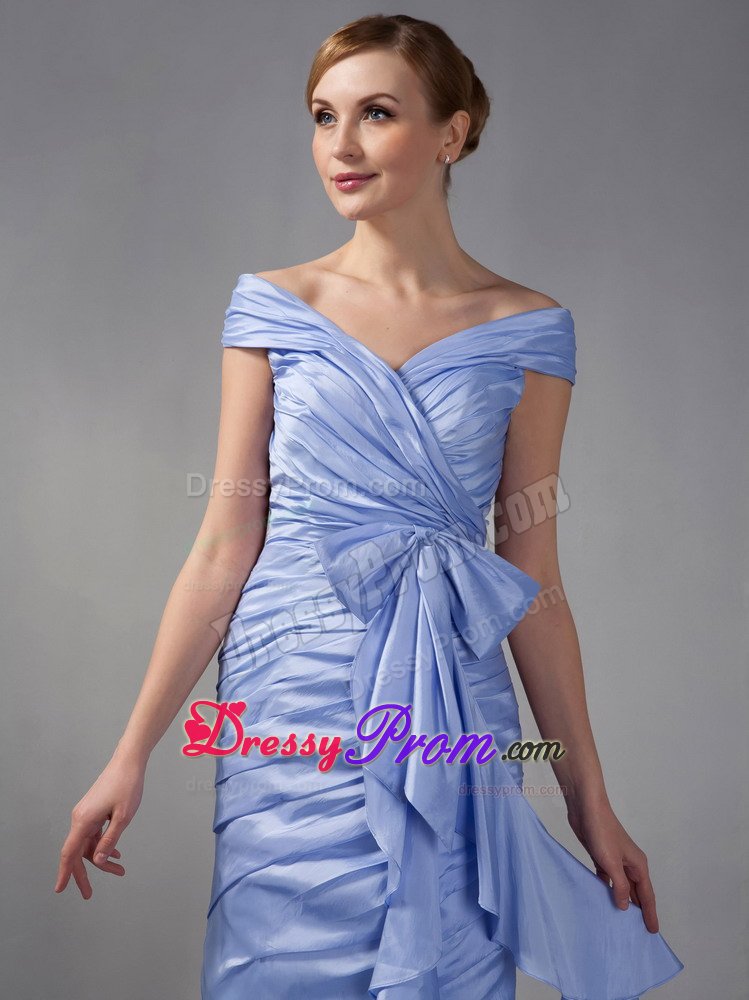 Lilac Column Off The Shoulder Mini-length Ruching Prom Gown Dress