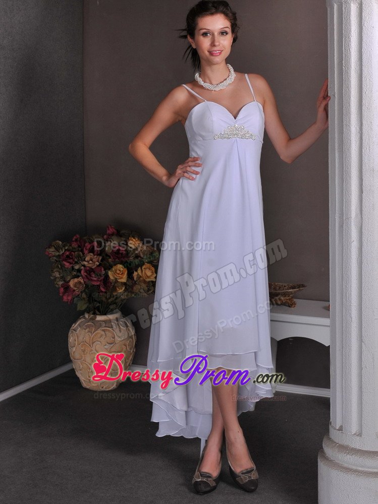 High-low Spaghetti Straps White Empire Chiffon Beading Prom Dress