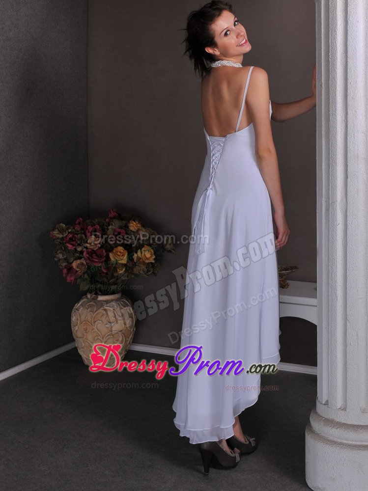 High-low Spaghetti Straps White Empire Chiffon Beading Prom Dress