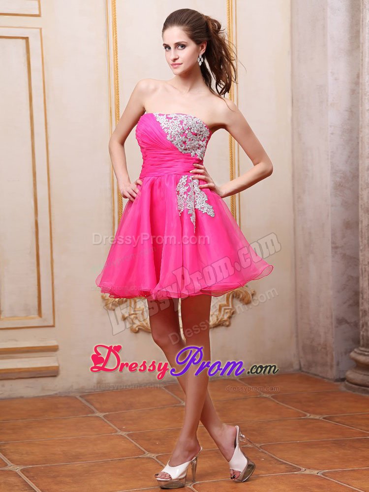 Hot Pink Mini-length Prom Cocktail Dress With Appliques For Club