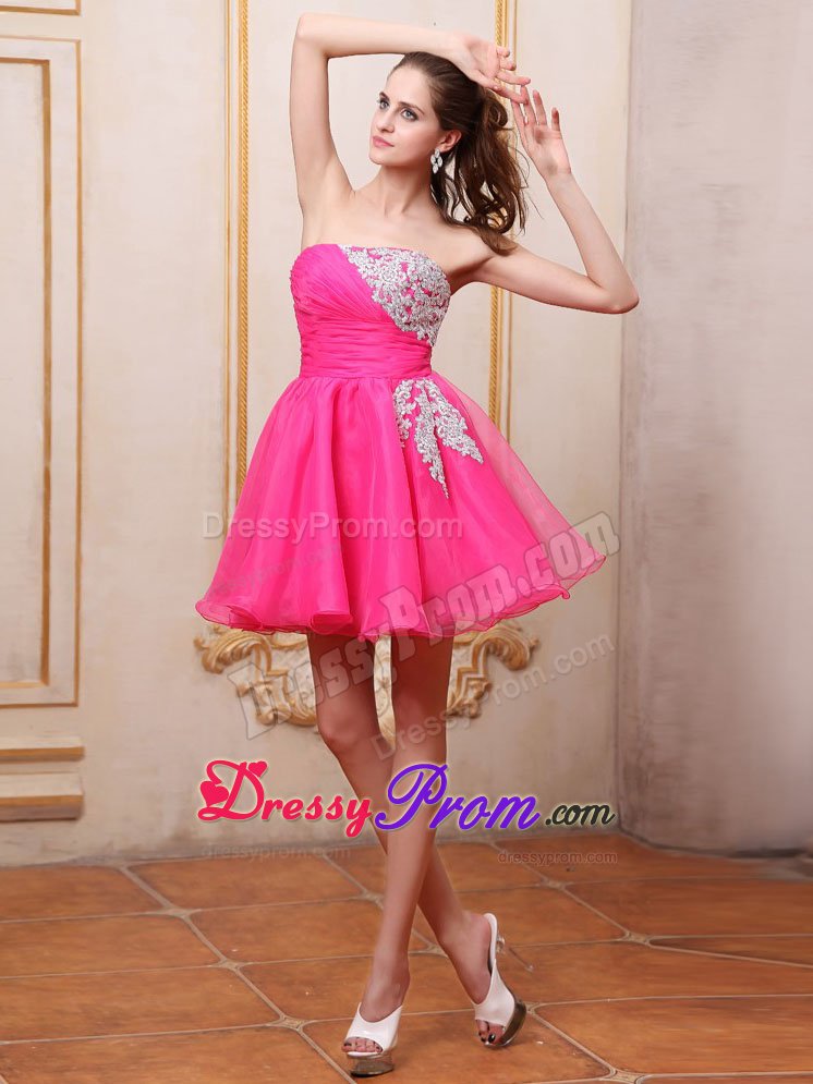 Hot Pink Mini-length Prom Cocktail Dress With Appliques For Club