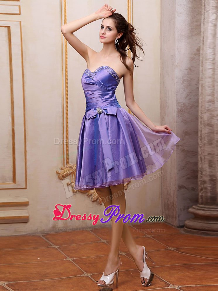 Purple Beaded Bowknot Prom Homecoming Dress to Knee-length