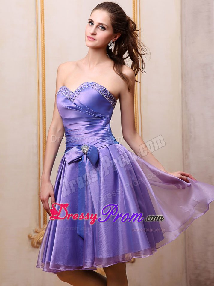 Purple Beaded Bowknot Prom Homecoming Dress to Knee-length