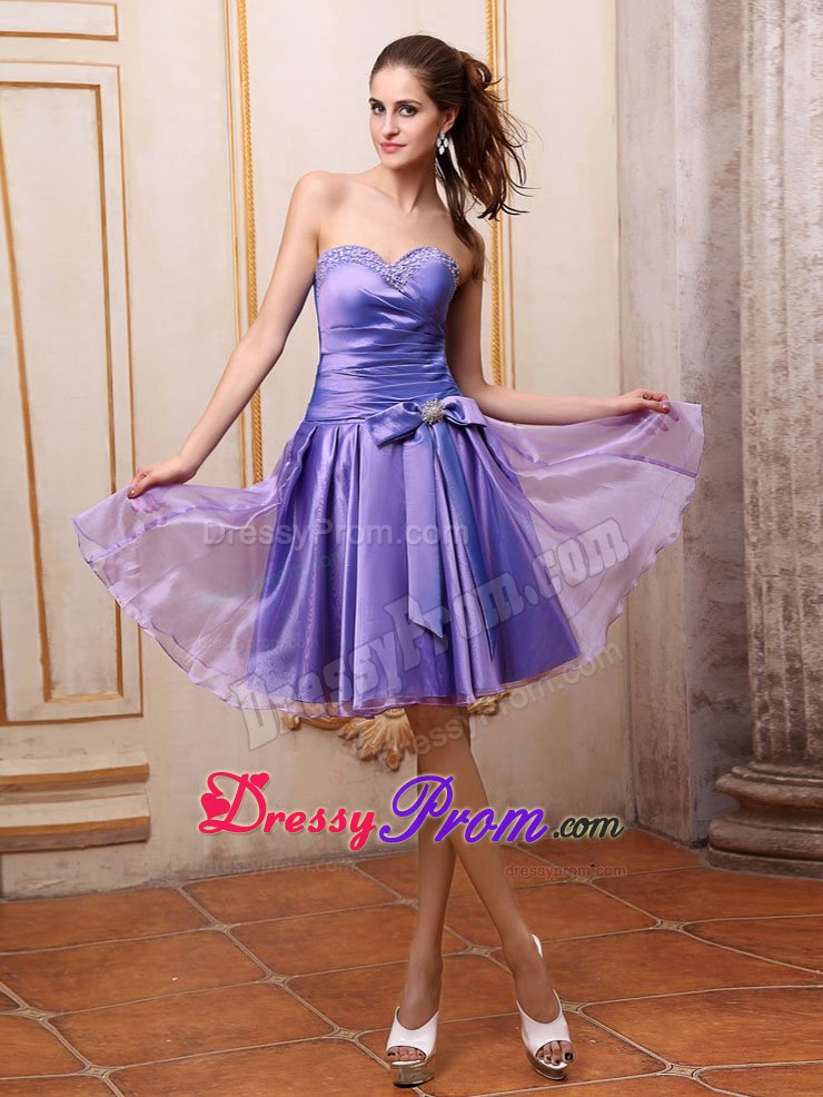 Purple Beaded Bowknot Prom Homecoming Dress to Knee-length