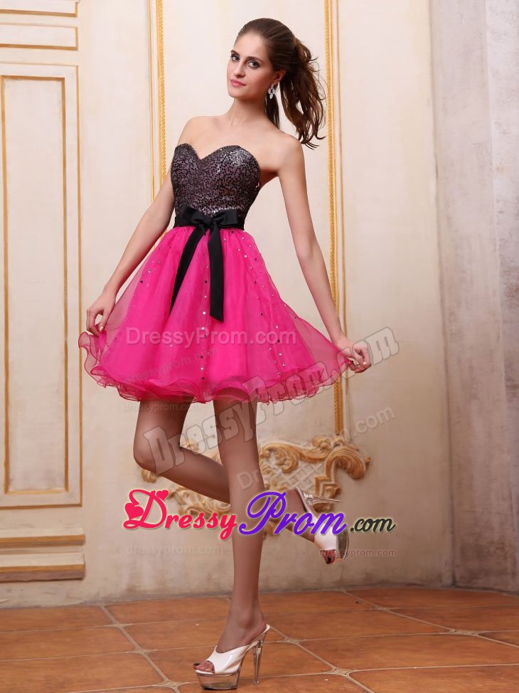 Hot Pink Mini Prom Cocktail Dress With Sequin and Black Bowknot