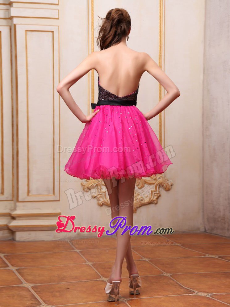 Hot Pink Mini Prom Cocktail Dress With Sequin and Black Bowknot