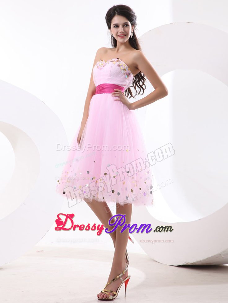 Prom Dress in Baby Pink with Sequins and Hot Pink Sash to Knee Length