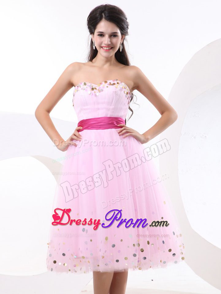 Prom Dress in Baby Pink with Sequins and Hot Pink Sash to Knee Length
