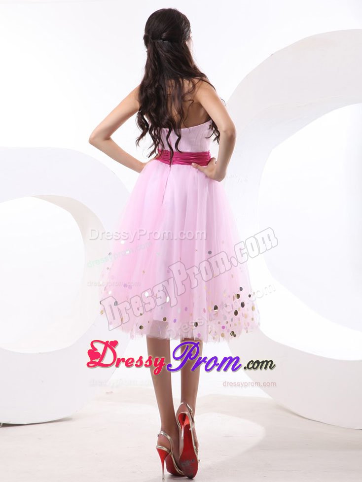 Prom Dress in Baby Pink with Sequins and Hot Pink Sash to Knee Length