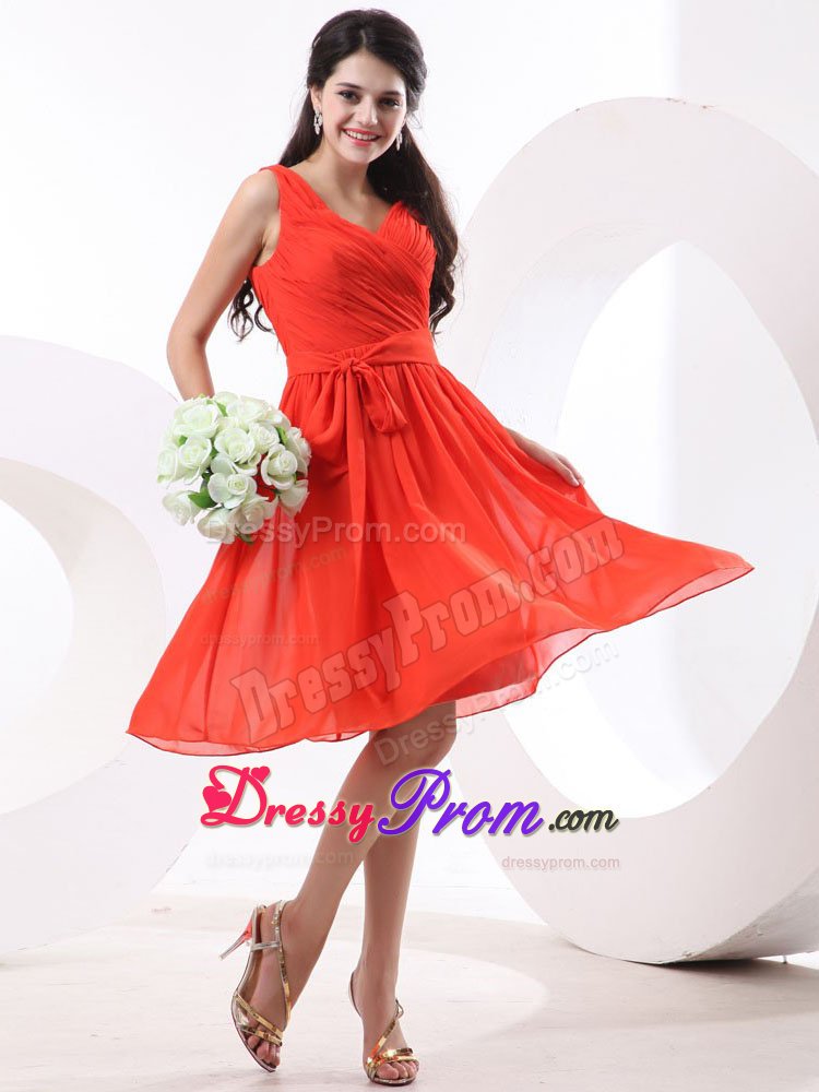 V-neck Ruching For Watermelon Prom Homecoming Dress With Knee-length