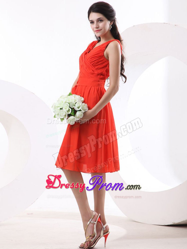 V-neck Ruching For Watermelon Prom Homecoming Dress With Knee-length