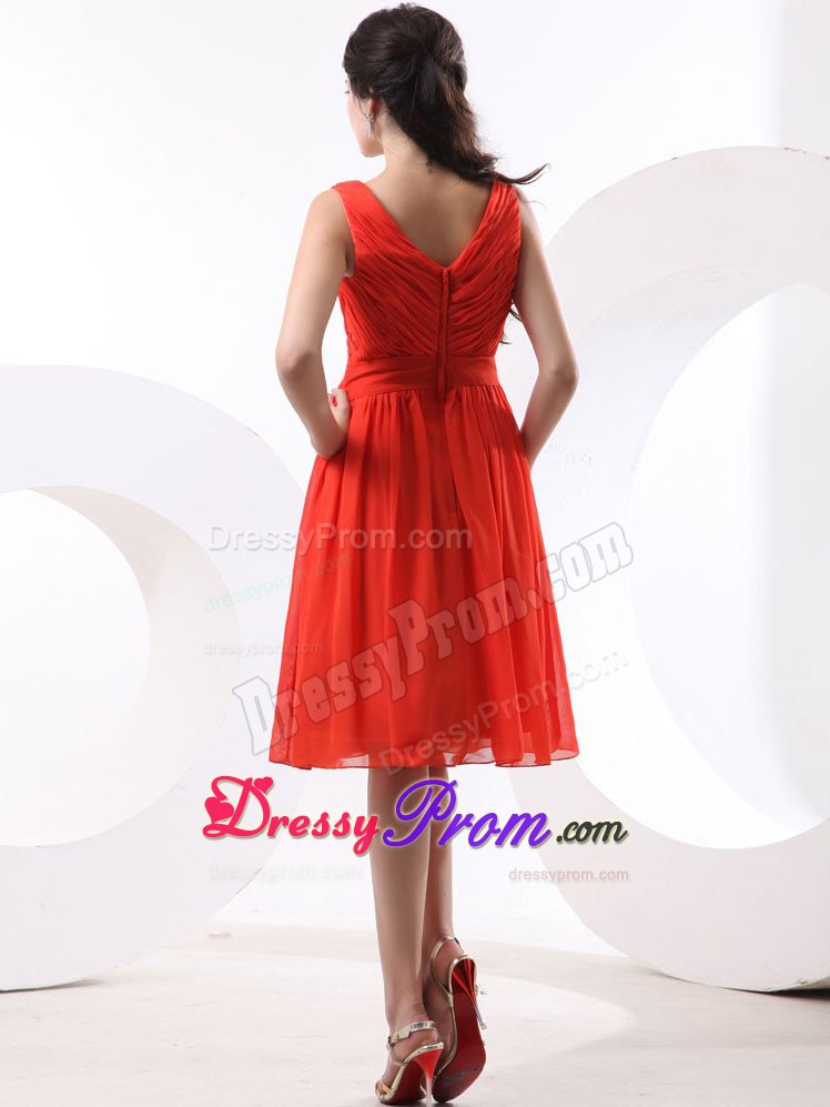 V-neck Ruching For Watermelon Prom Homecoming Dress With Knee-length