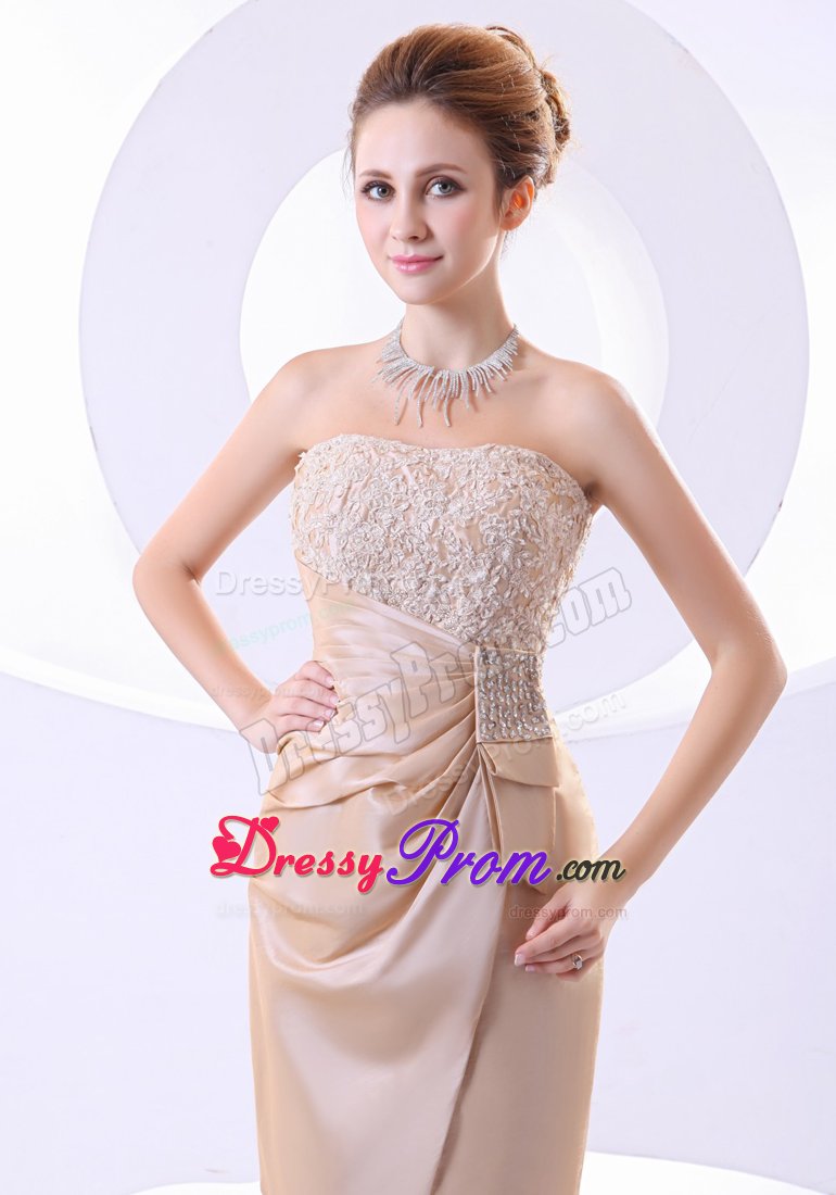 Champagne Ruche Prom Gown Beading with Lace Decorate Bodice
