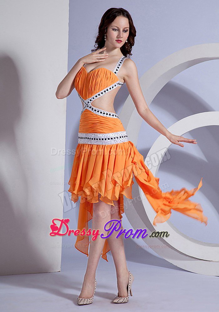 Asymmetrical Orange Ruffles Straps Prom Dress with Beading and Ruche