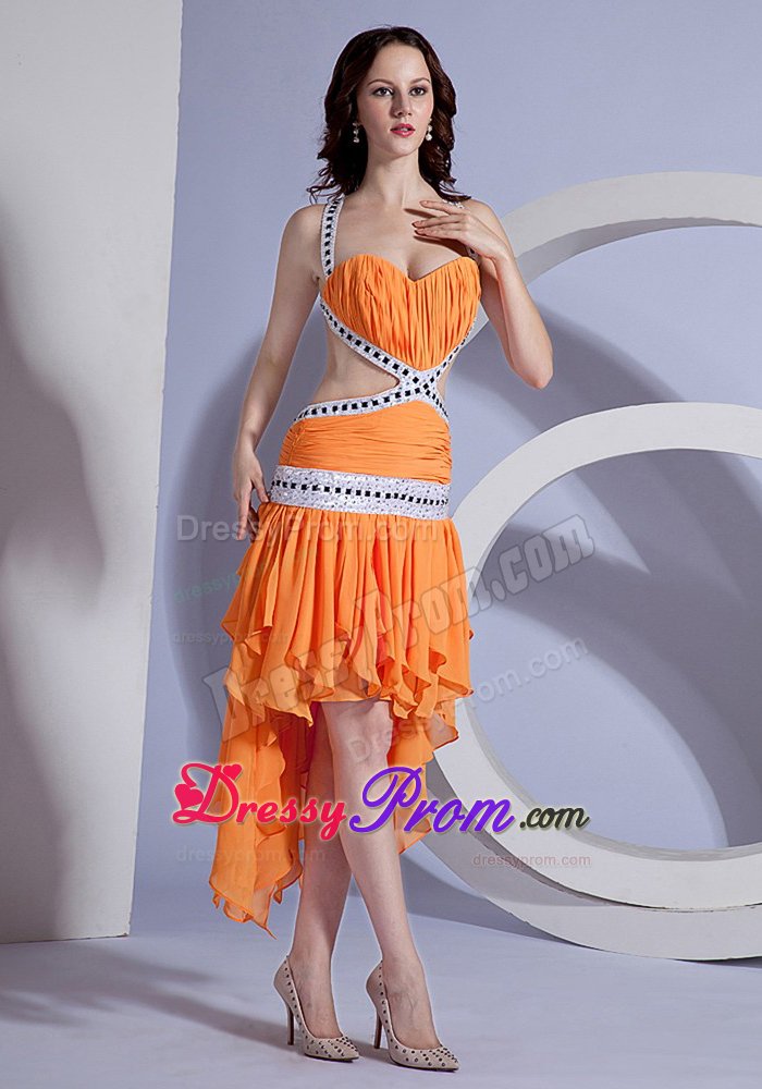 Asymmetrical Orange Ruffles Straps Prom Dress with Beading and Ruche