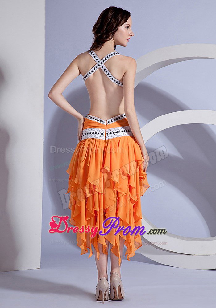 Asymmetrical Orange Ruffles Straps Prom Dress with Beading and Ruche