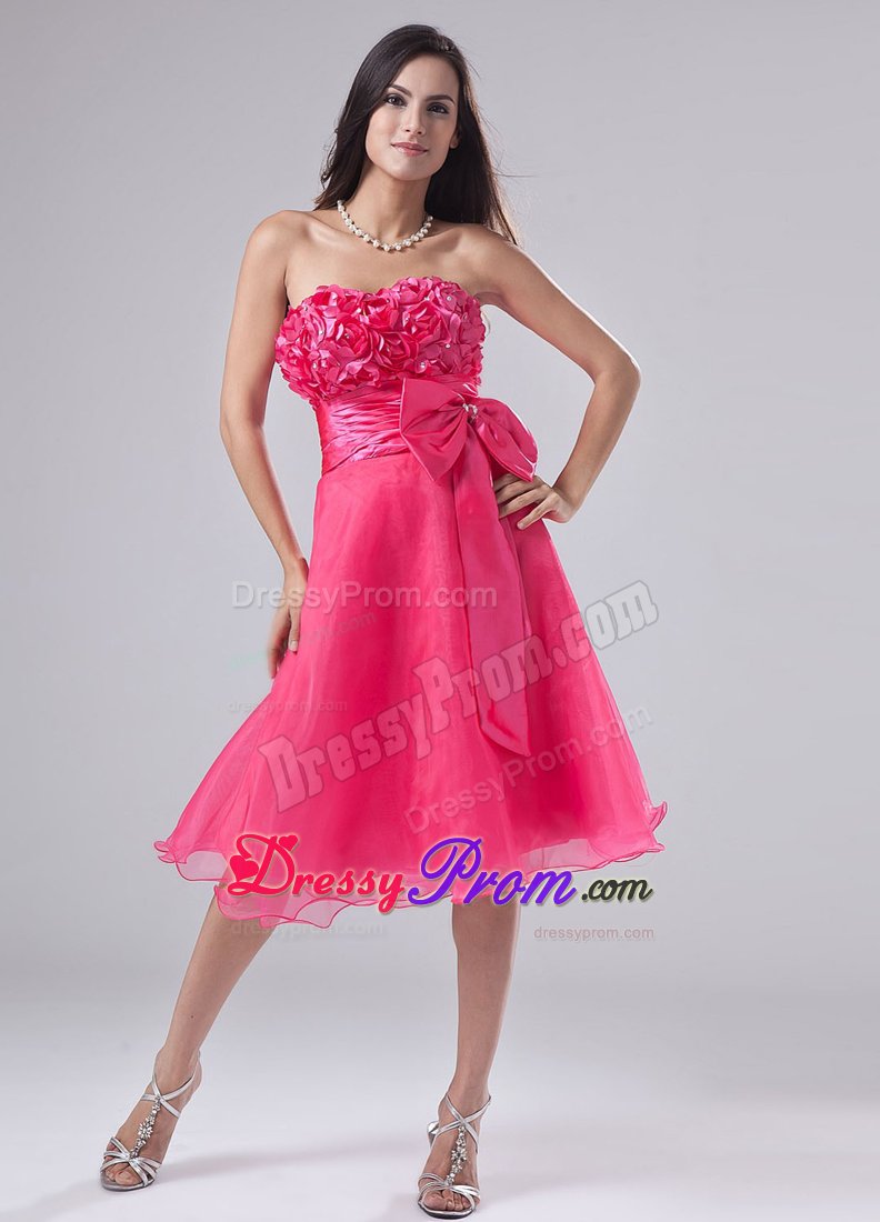 Sweetheart Hand Made Flowers Decorated Bust Prom Dress in Hot Pink
