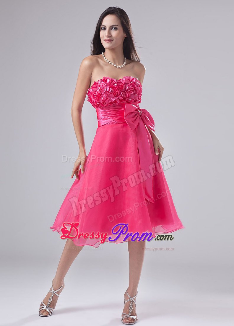 Sweetheart Hand Made Flowers Decorated Bust Prom Dress in Hot Pink